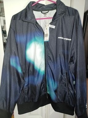 Adidas Originals Men’s Black Jacket with Teal & Blue Gradient